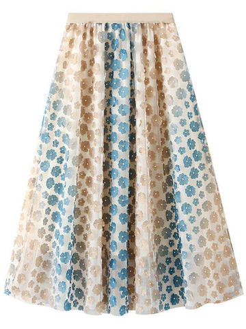 Woochic jupe longue tulle brodée fleurie femme mode Bleu ONE SIZE